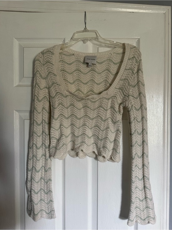 Pink Rose Tops - Pink Rose Cream Crochet Scoop Neck Long Sleeve Top with Mint Stripe